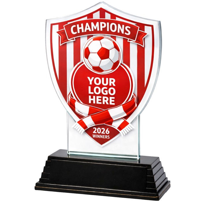 **SPECIAL BUY** CLICK AND GO CUSTOM SHIELD FOOTBALL TROPHY - 16CM - 20CM - AVAILABLE IN 5 COLOURS